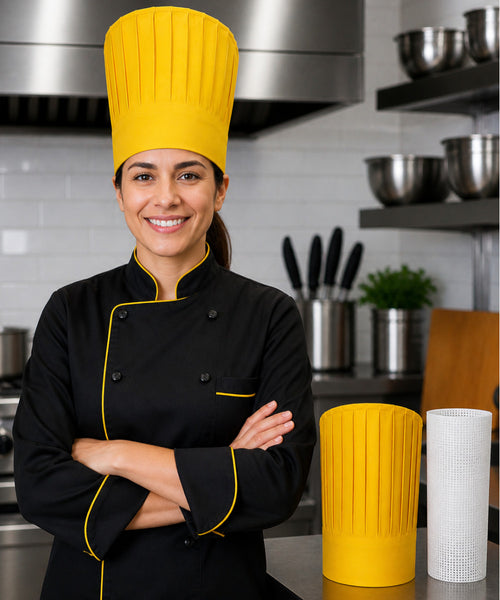 Yellow tall chef hat with support insert net for hibachi, teppanyaki, and restaurant chefs