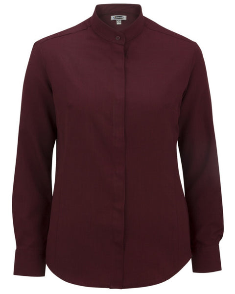 burgundy ladies blouse, banded collar blouse, casino server shirt
