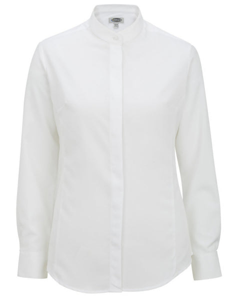 white color server shirt, banded collar shirt, ladies dress shirt